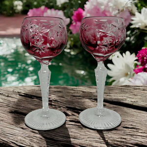 Nachtmann Traube Cranberry Red Cordial 4.75” Cut To Clear Crystal Glass Set 2